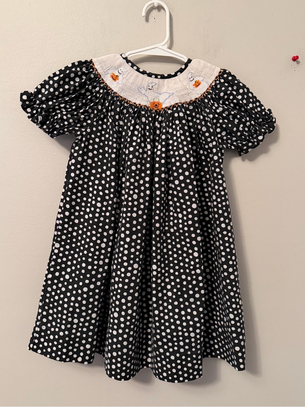 Silly Goose Black Polka Dot Smocked Ghost and Pumpkin Dress
